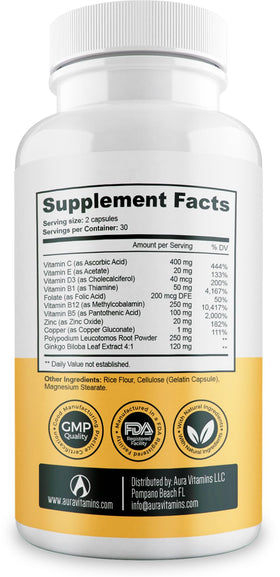 Capsules Vitiligo AURA VITAMINS avec des ingrédients naturels en arrière-plan