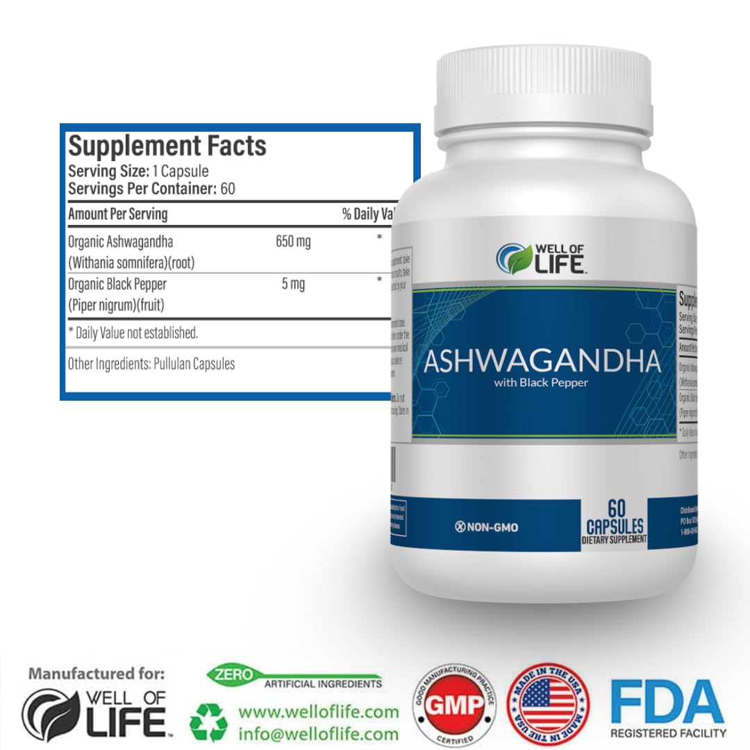 Capsules Well of Life Ashwagandha 650mg dans un verre