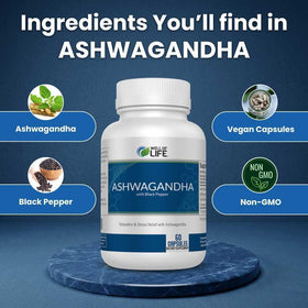 Capsules Well of Life Ashwagandha 650mg sur une surface en bois