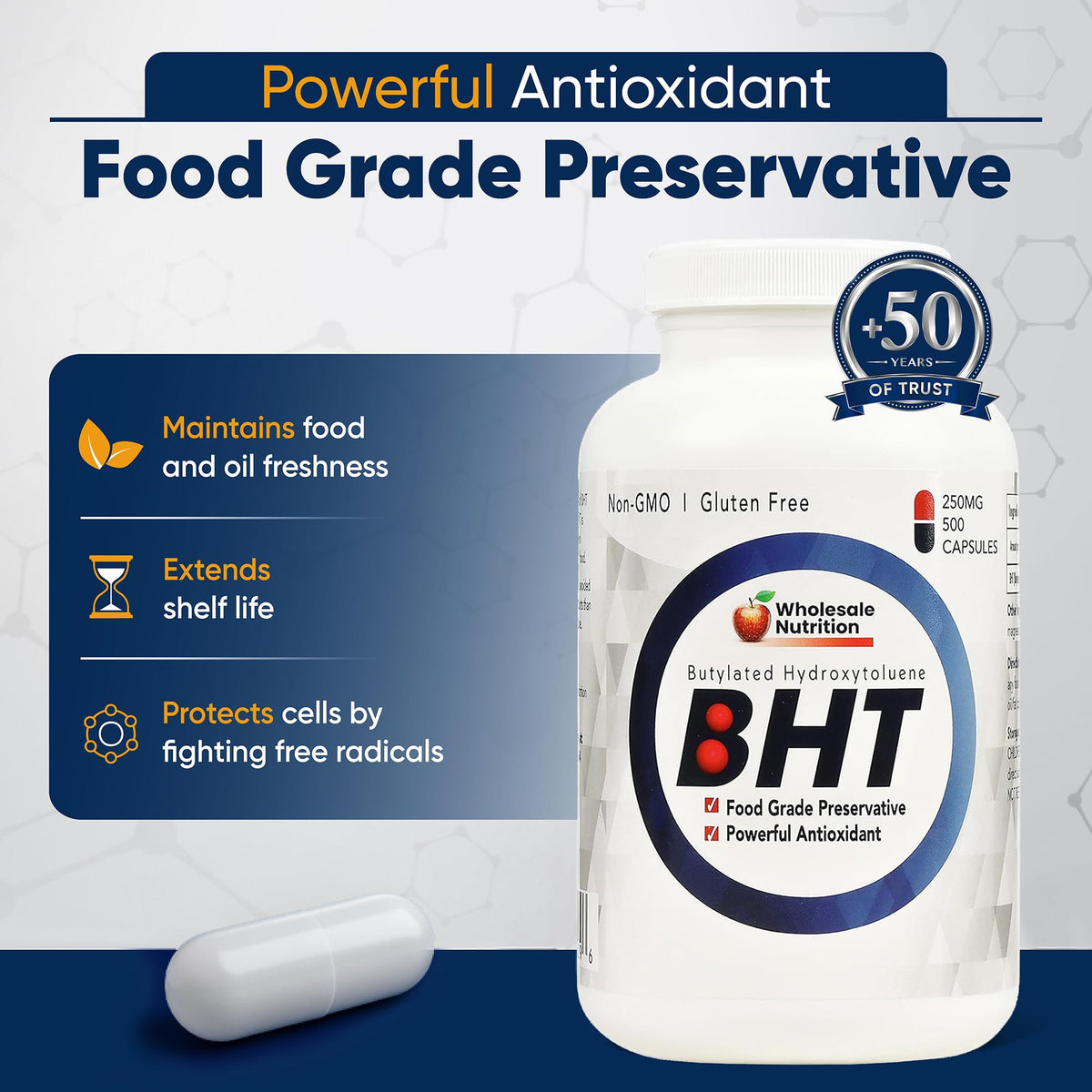 Capsules Wholesale Nutrition BHT 250mg sur une surface en bois