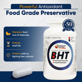 Capsules Wholesale Nutrition BHT 250mg sur une surface en bois
