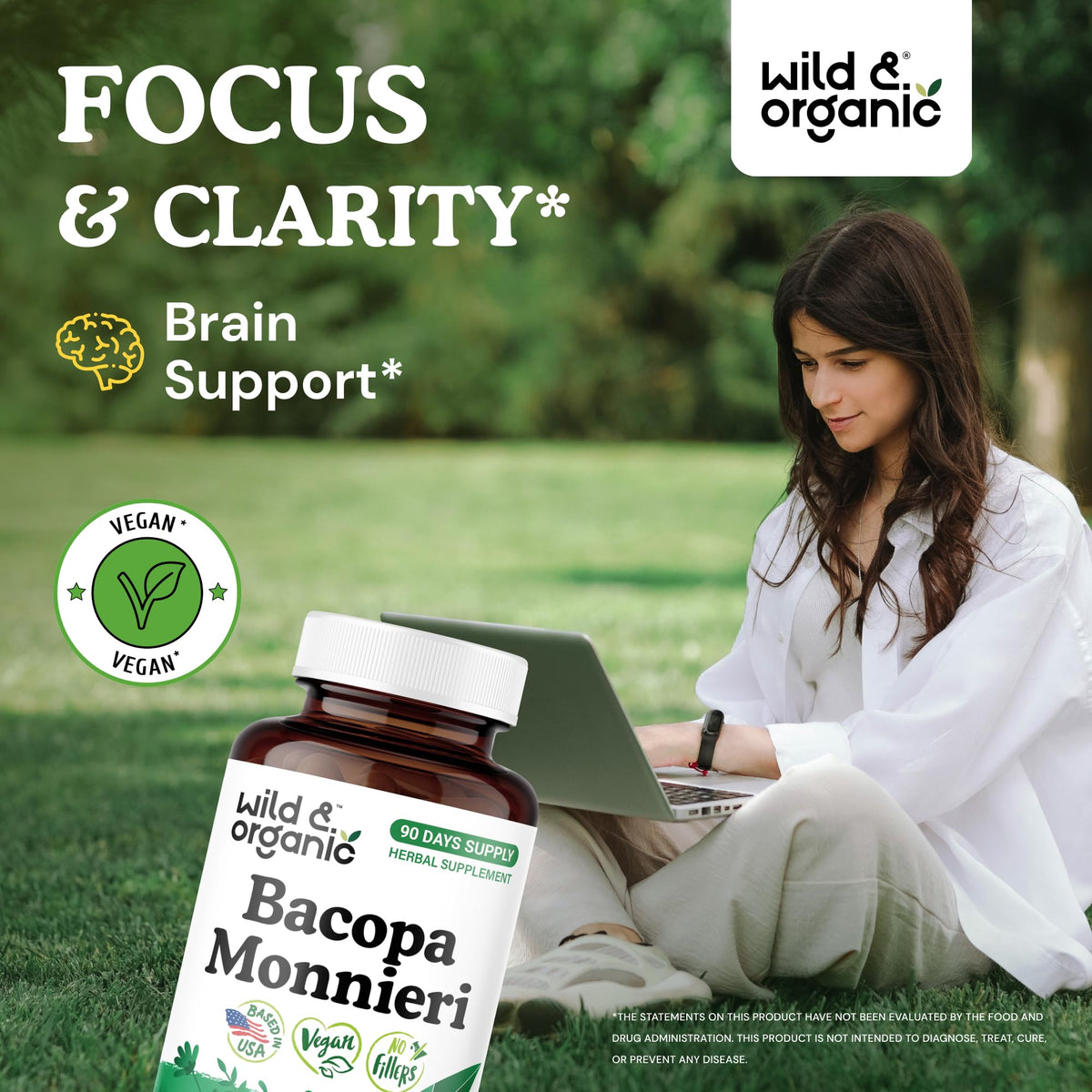 Capsules Wild & Organic Bacopa sur une table, présentation