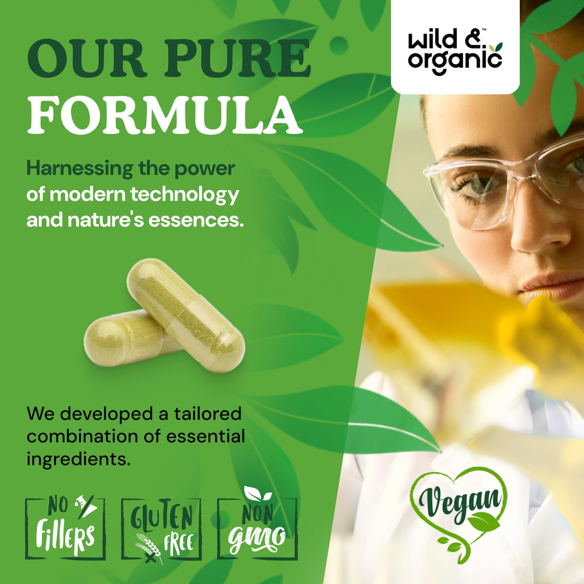 Capsules Wild & Organic Mullein empilées sur un fond neutre