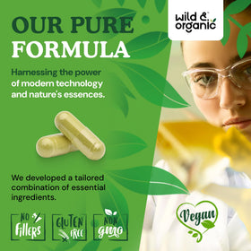 Capsules Wild & Organic Mullein empilées sur un fond neutre