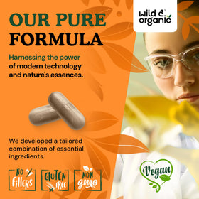 Capsules Wild & Organic sur une table avec des champignons frais en arrière-plan
