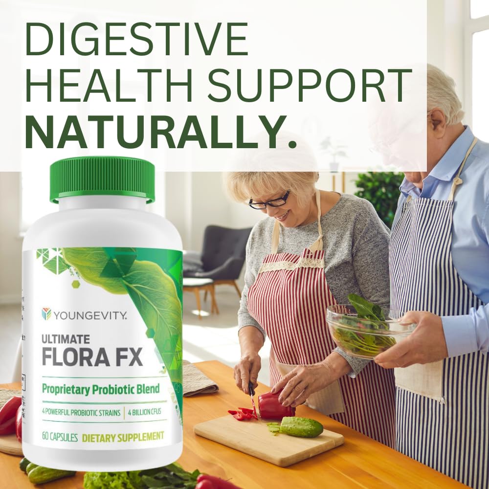 Capsules Youngevity Ultimate Flora FX sur une surface blanche