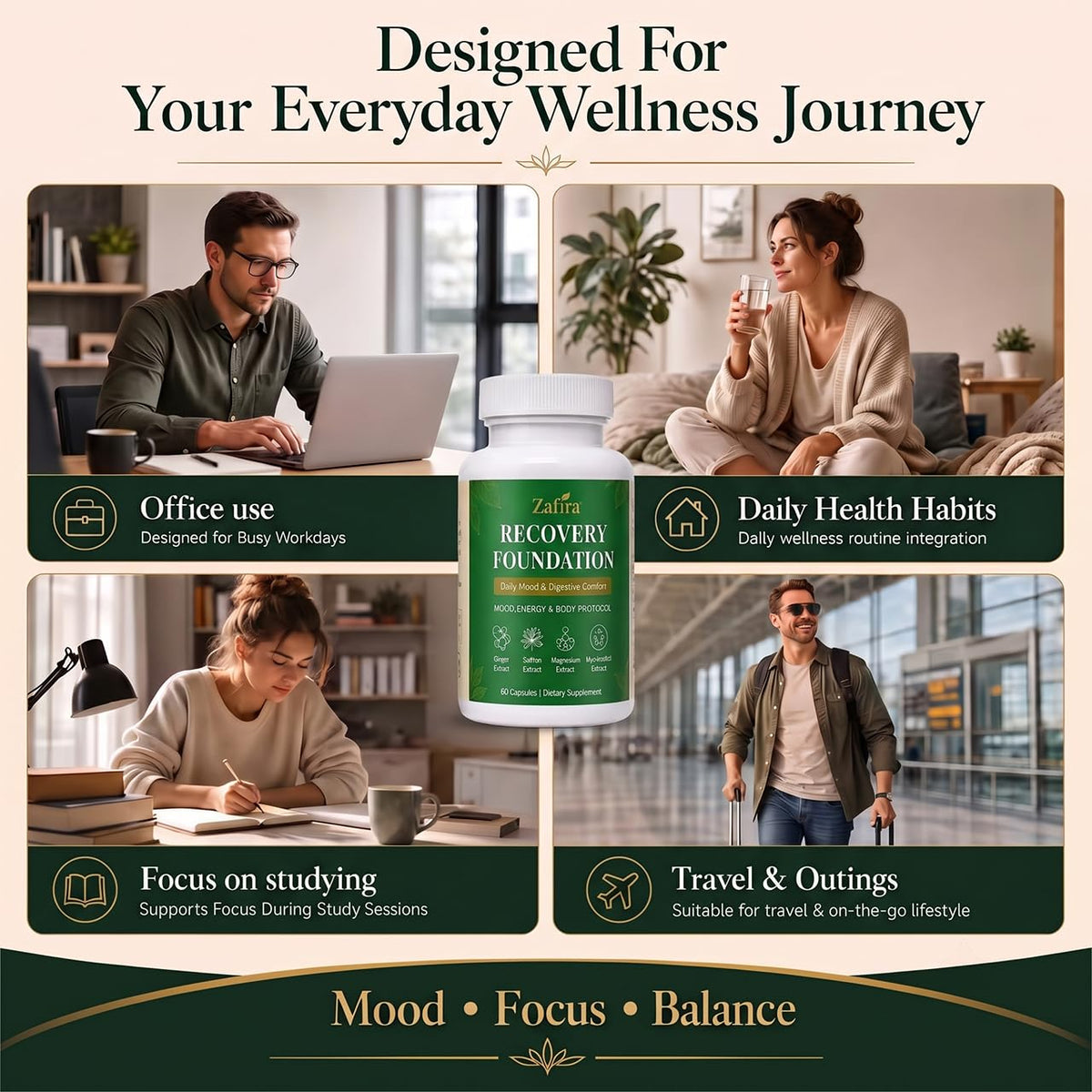 Capsules Zafira Foundation, flacon avec arrière-plan naturel