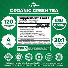 Capsules Zazzee Extrait de Thé Vert Bio sur une surface blanche