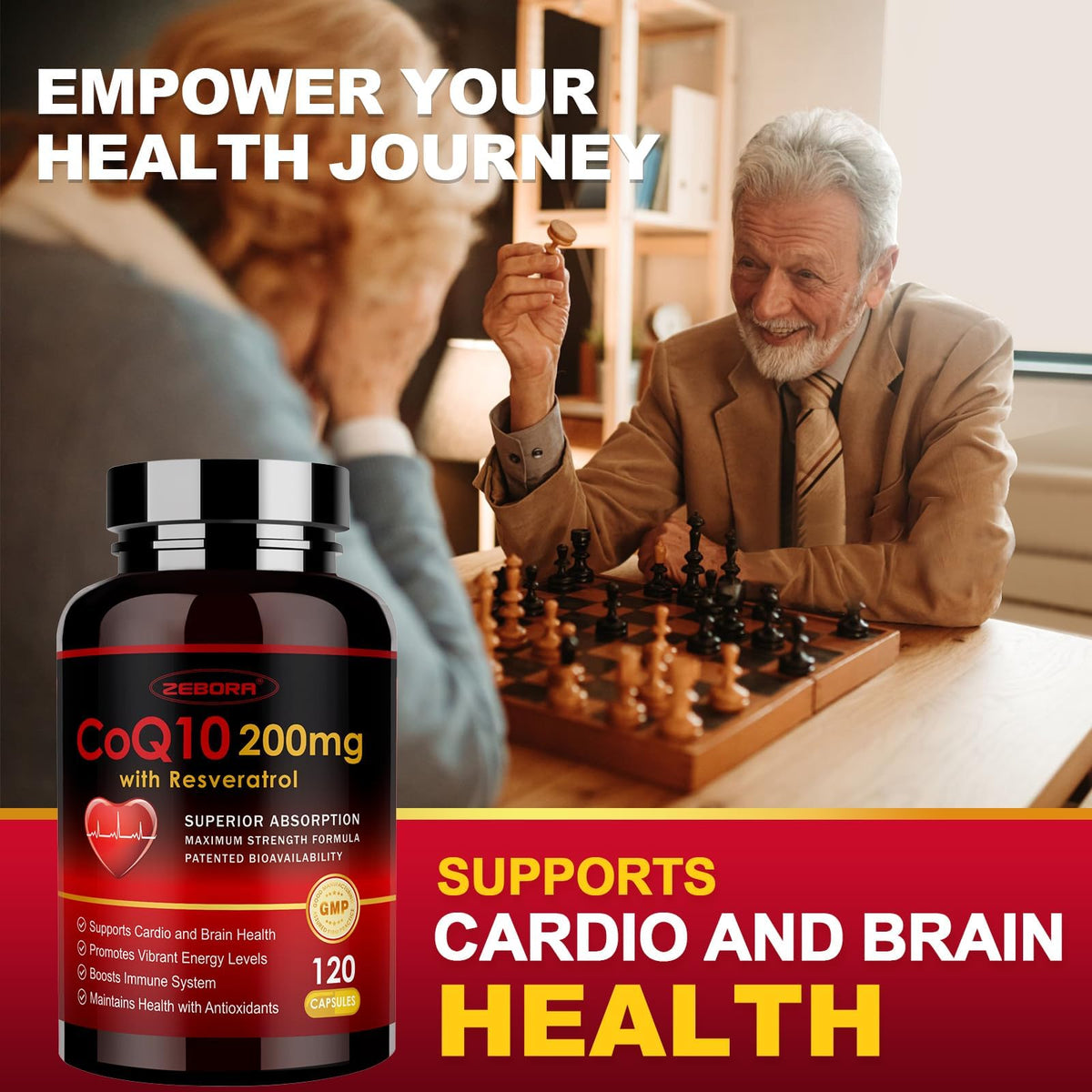 Capsules ZEBORA CoQ10 avec ingrédients naturels en arrière-plan