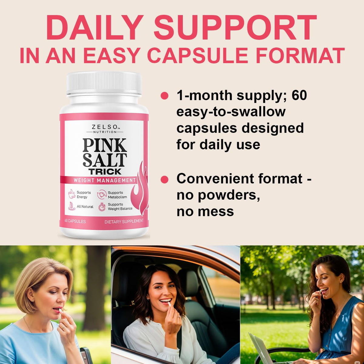 Capsules ZELSO Pink Salt Trick avec mains tenant le flacon