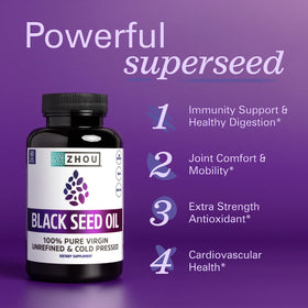 Capsules ZHOU huile de graines noires sur fond blanc