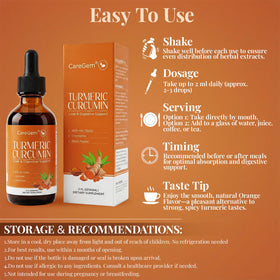 CareGem Gouttes Liquides Curcuma Curcumine 600mg avec ingrédients en arrière-plan