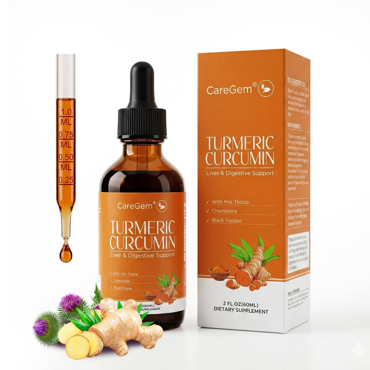 CareGem Gouttes Liquides Curcuma Curcumine 600mg vue de face