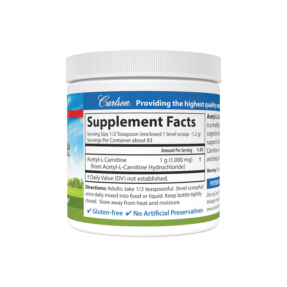 Carlson Acetyl L-Carnitine Poudre 1 g 100 g arrière vue