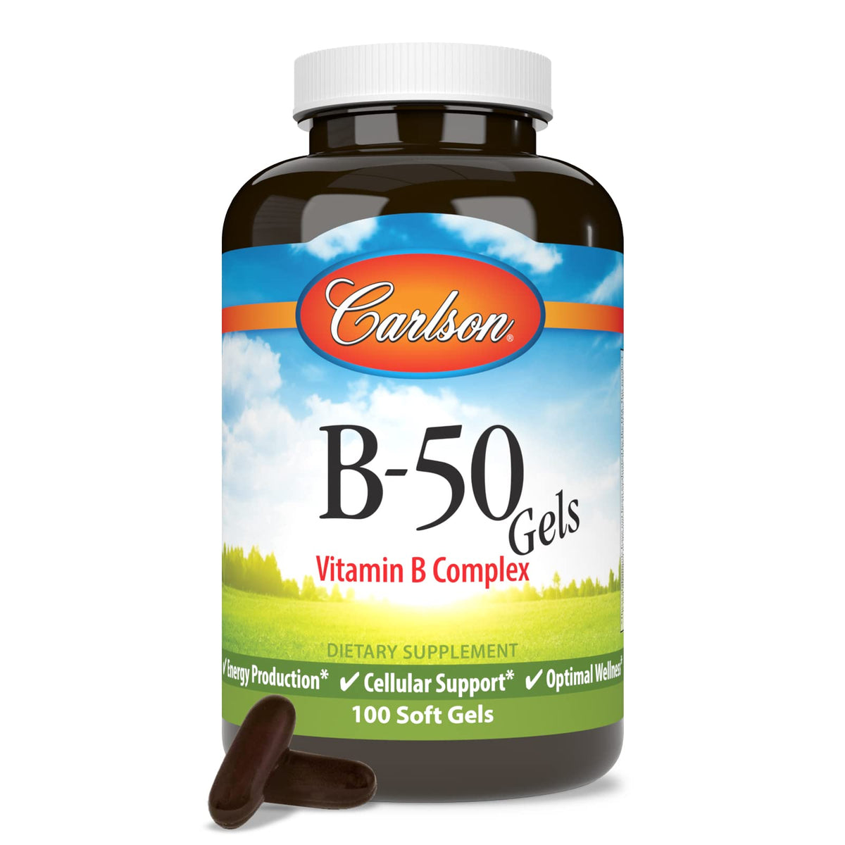 Carlson B-50 Gels gélules à côté d'un verre d'eau