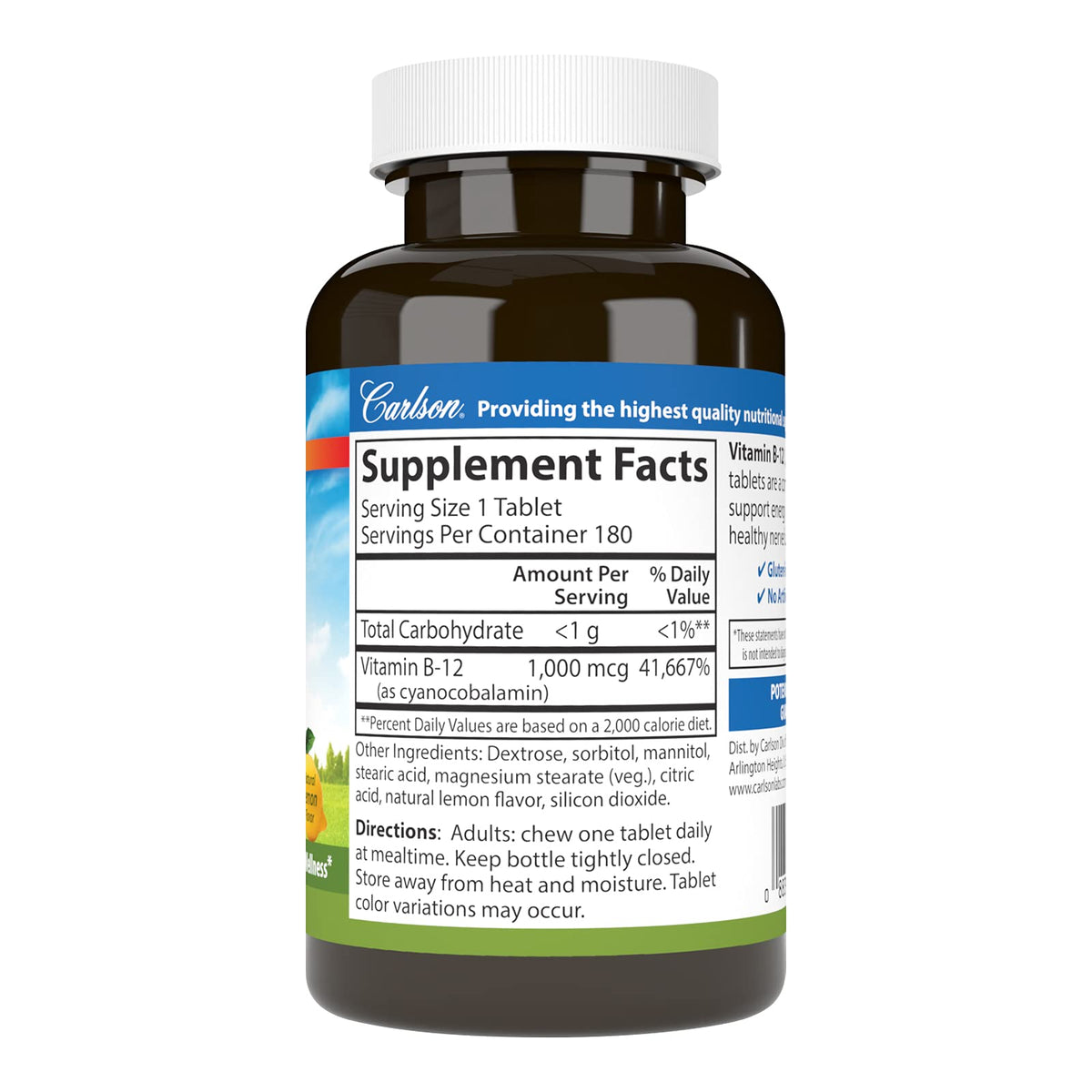 Carlson Chewable B-12 1000 mcg comprimés à mâcher au citron, vue arrière