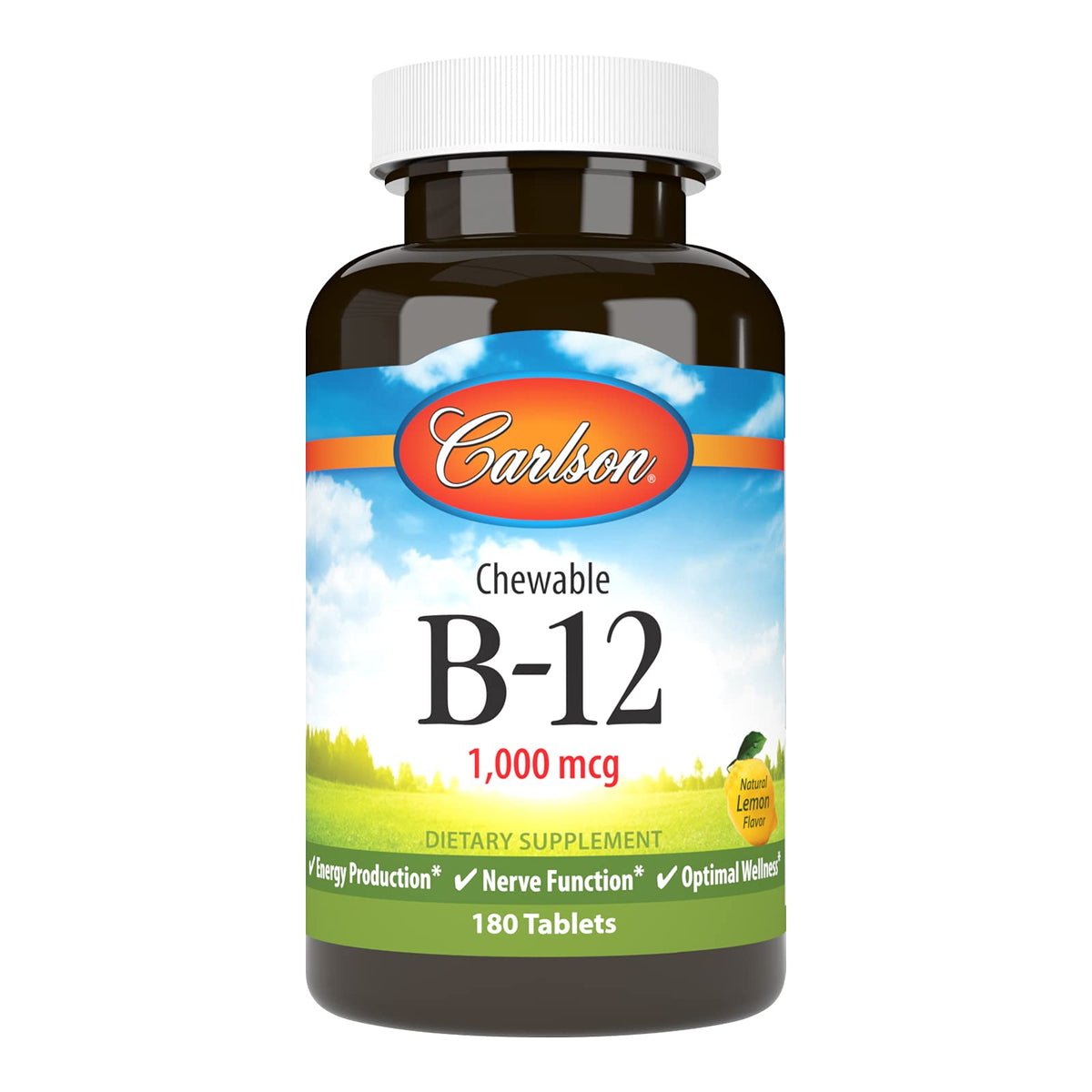 Carlson Chewable B-12 1000 mcg comprimés à mâcher au citron, vue de face