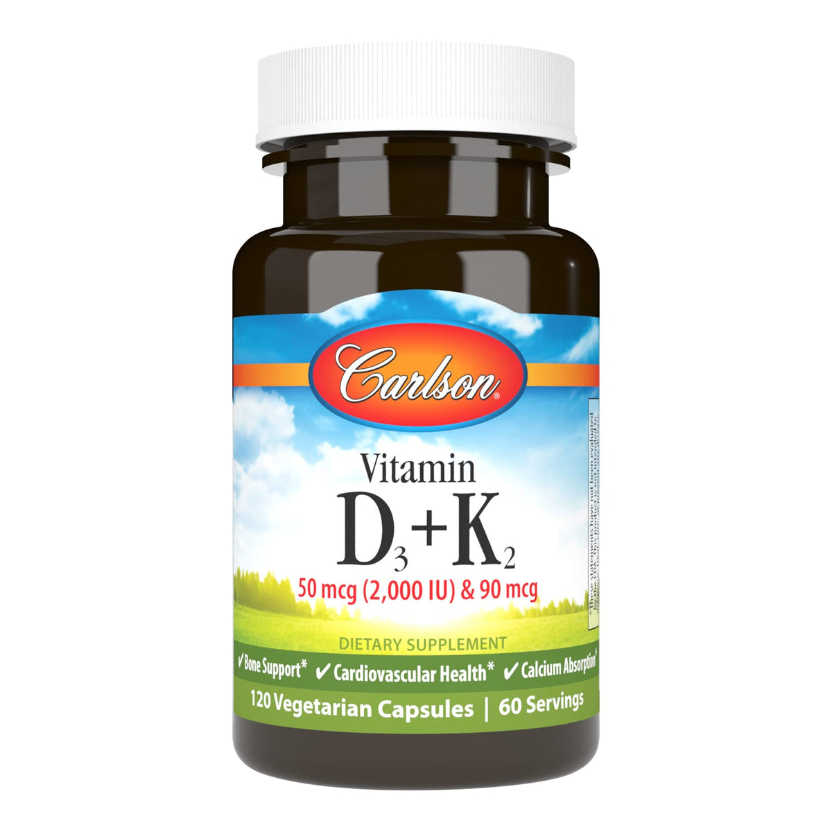 Carlson Complément Alimentaire D3 + K2 50 mcg 120 Capsules vue de face