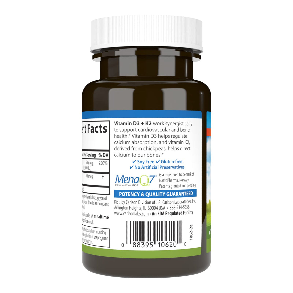 Carlson D3 + K2 120 Capsules sur un fond blanc