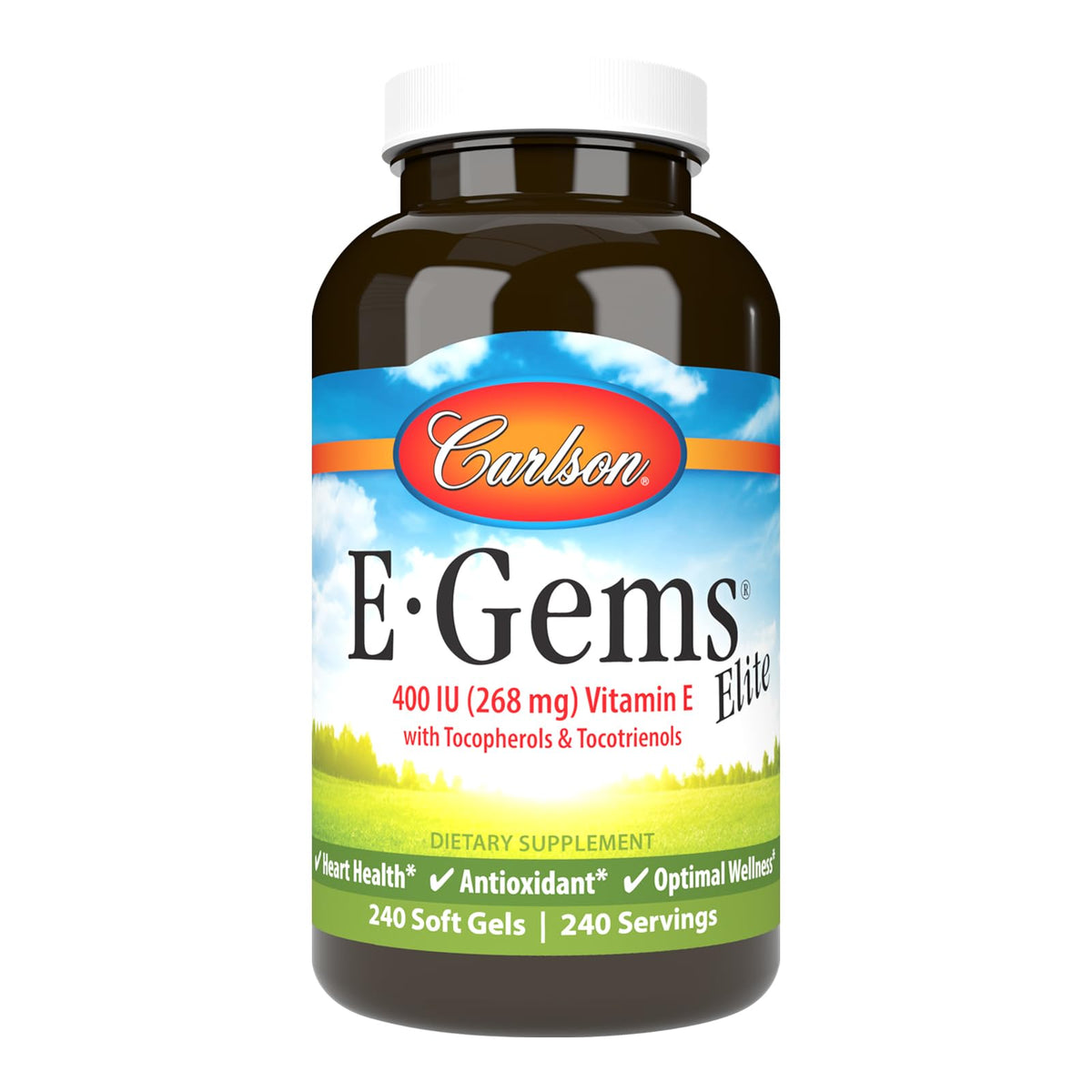 Carlson E-Gems Elite 240 gélules molles de vitamine E vue de face