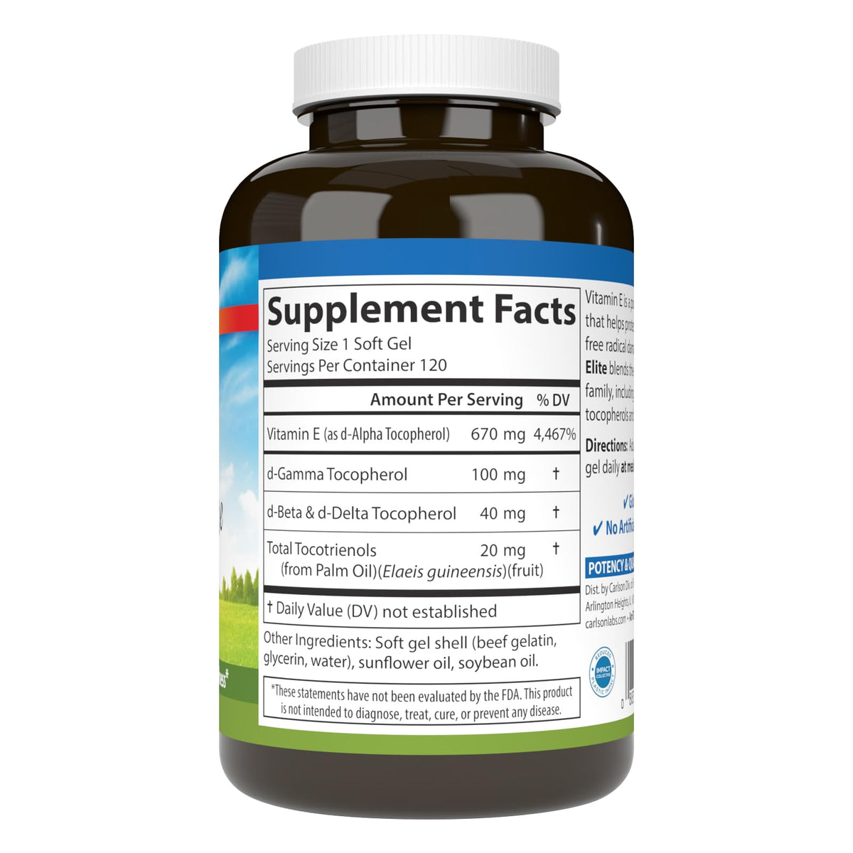 Carlson E-Gems Elite gélules souples de vitamine E, vue de côté
