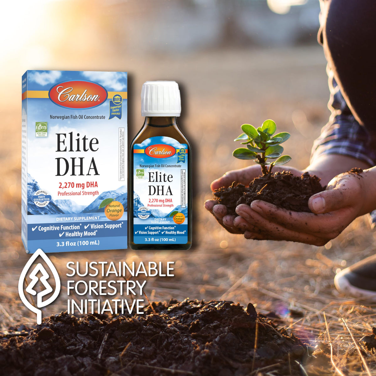 Carlson Elite DHA bouteille sur fond de nature
