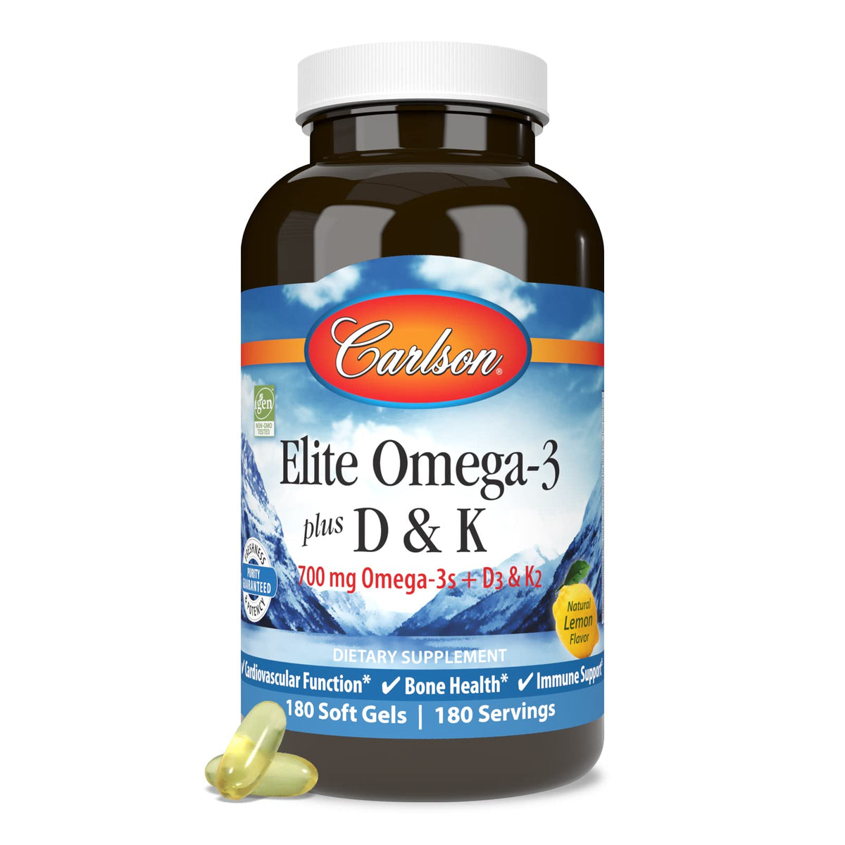 Carlson Elite Omega-3 Plus D & K 700 mg gélules dans une main