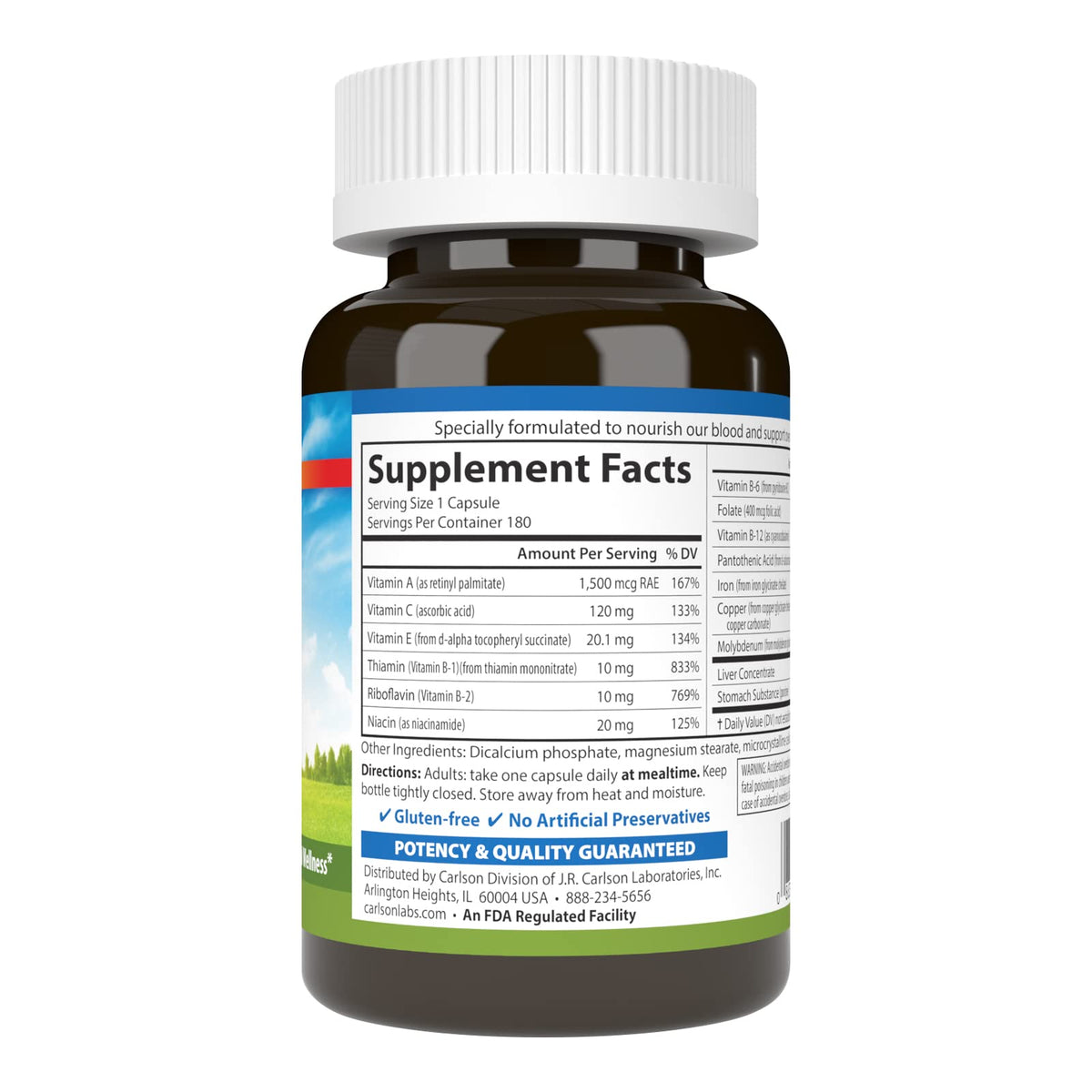 Carlson Fer 28 mg 180 Capsules détails de l'étiquette