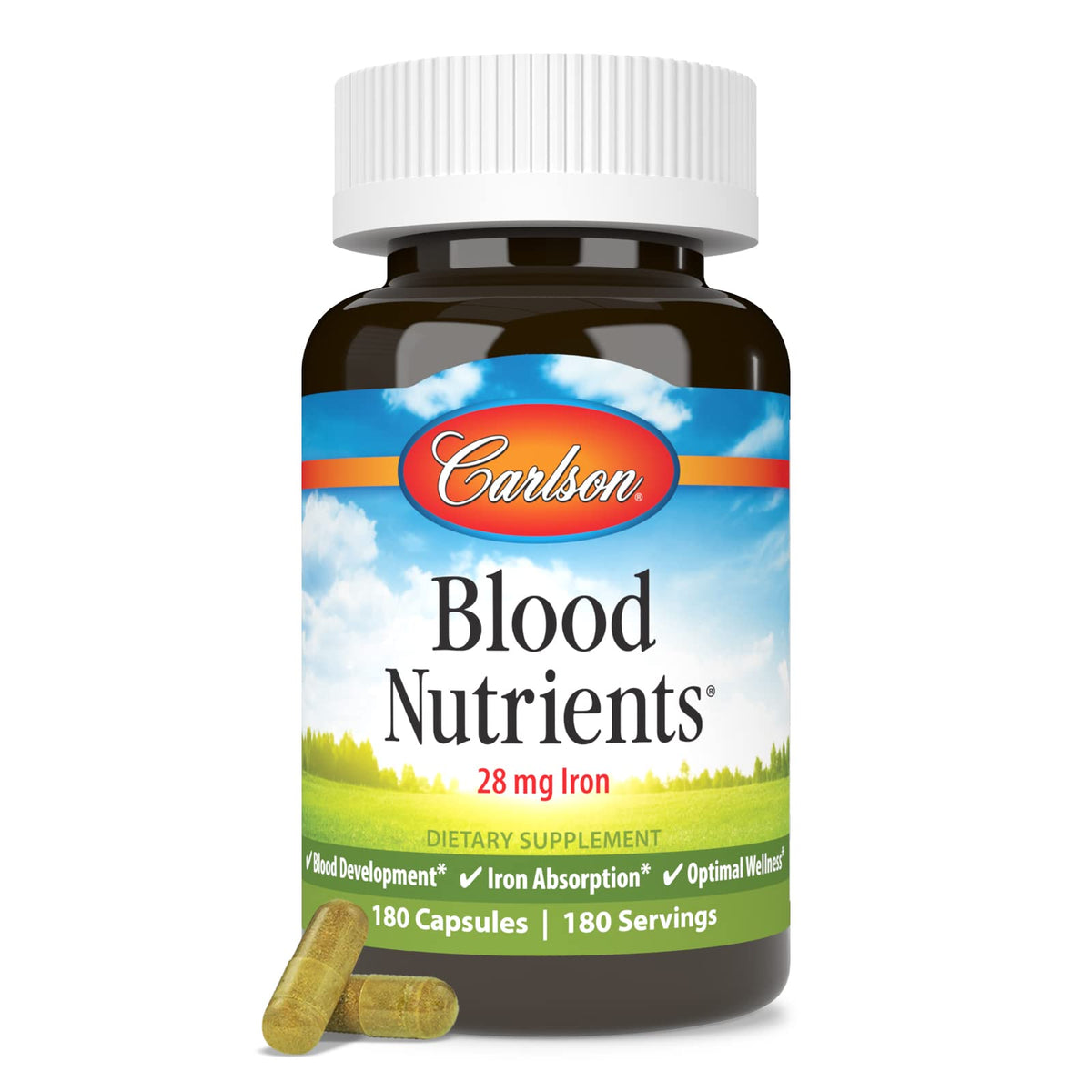 Carlson Fer 28 mg capsules ouvertes montrant le contenu