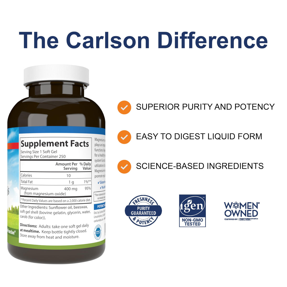 Carlson Gels de Magnésium 400 mg, gélules molles sur fond blanc