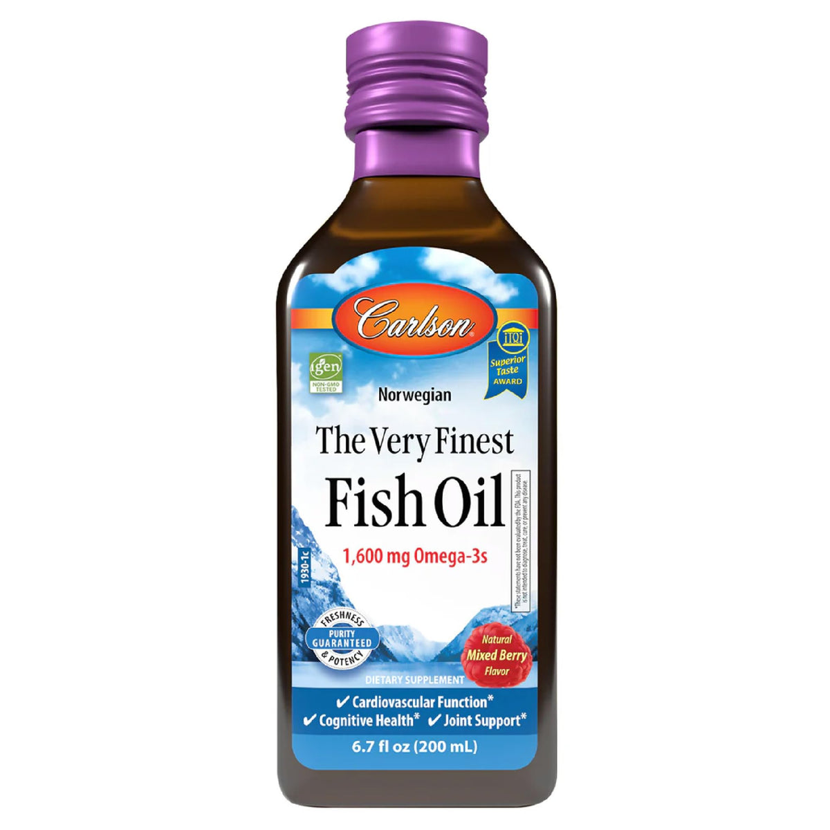 Carlson huile de poisson 200 mL, bouteille avec étiquette en saveur baie