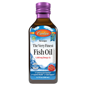 Carlson huile de poisson 200 mL, bouteille avec étiquette en saveur baie