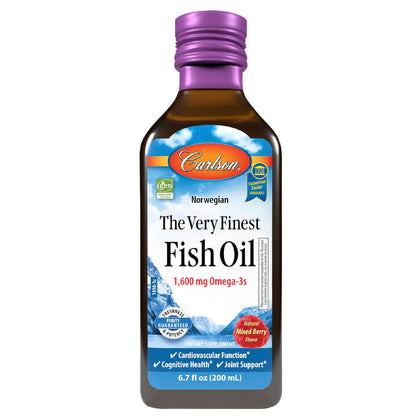 Carlson huile de poisson 200 mL, bouteille avec étiquette en saveur baie