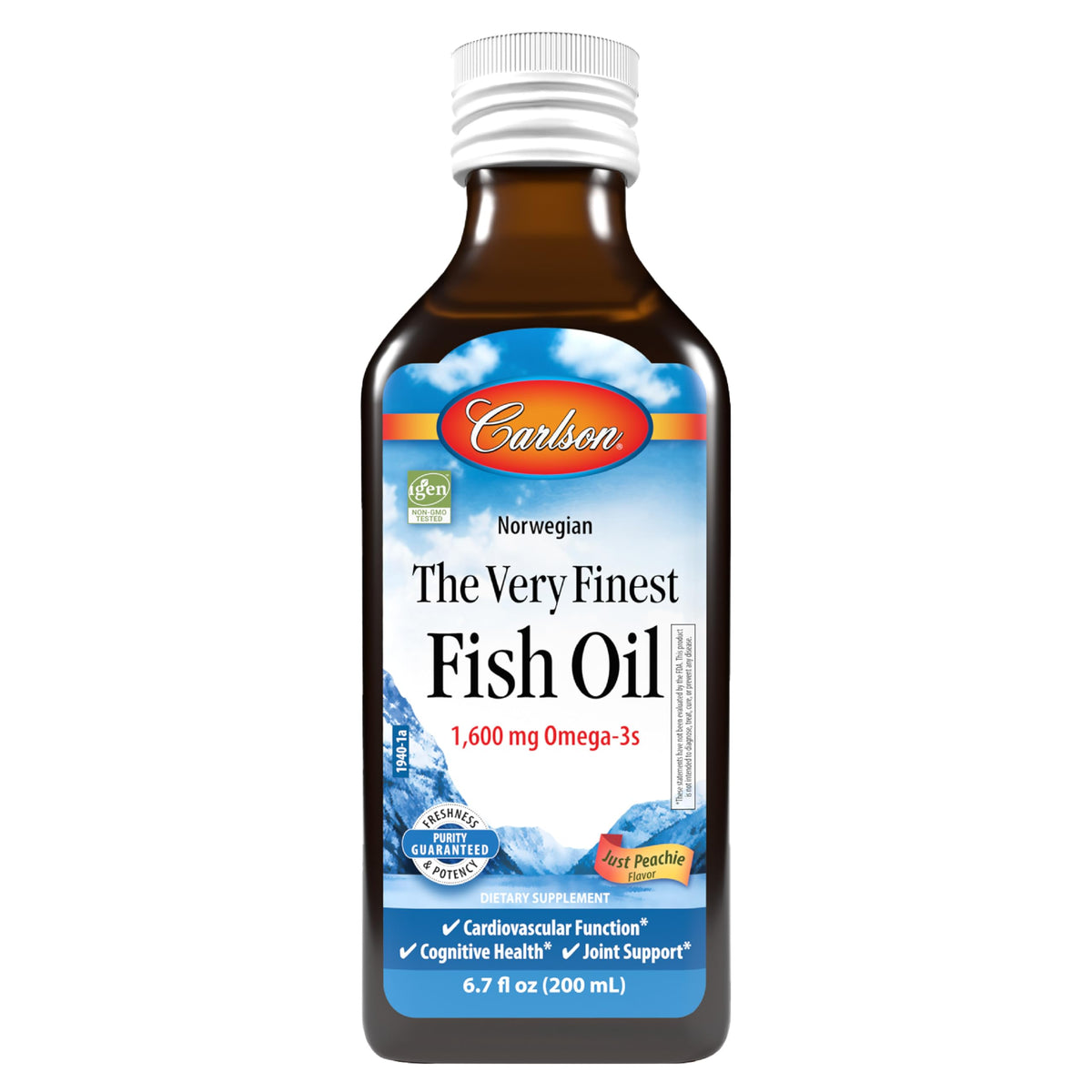 Carlson huile de poisson 200 mL flacon avant avec étiquette pêche