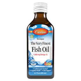 Carlson huile de poisson 200 mL flacon avant avec étiquette pêche
