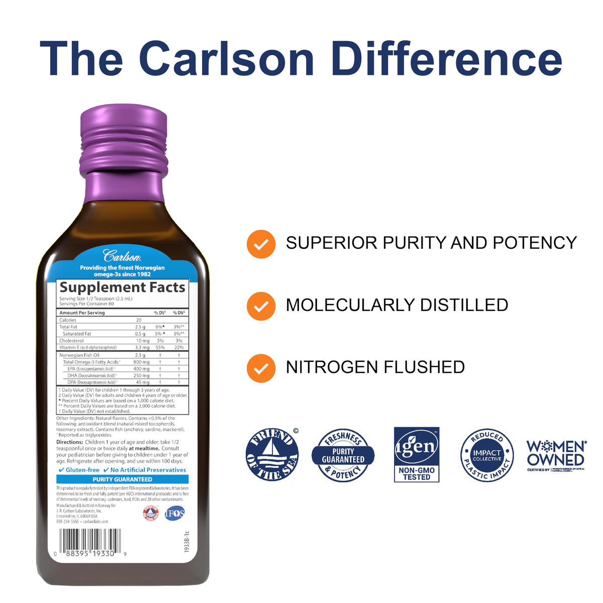 Carlson Huile de Poisson Enfant 800 mg 200 mL étiquette avec spécifications