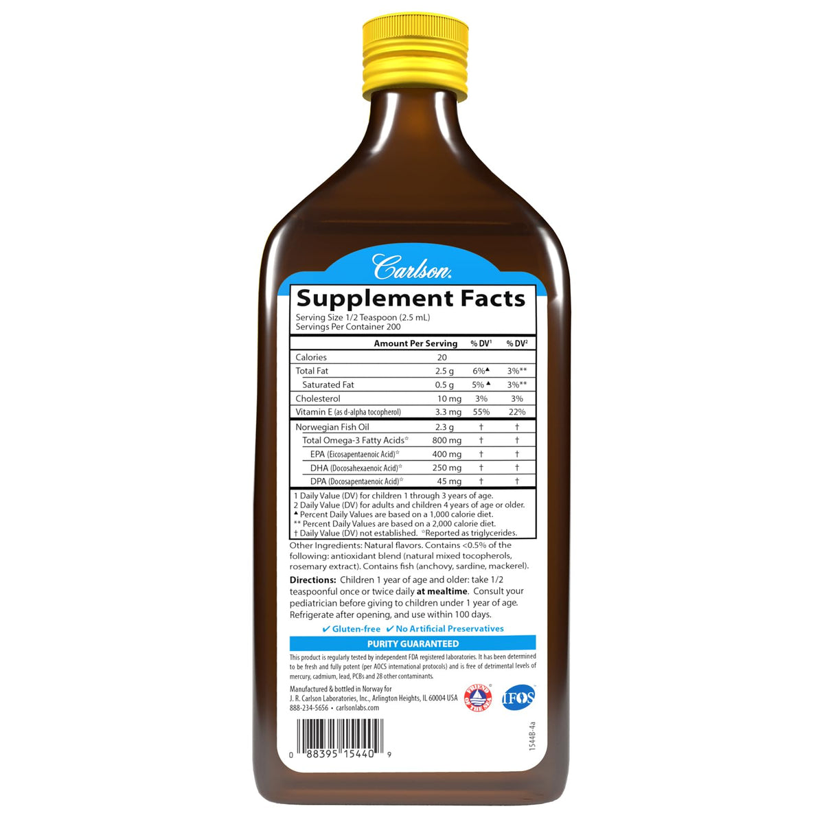 Carlson Huile de Poisson pour Enfants 500 mL contenant et bouchon