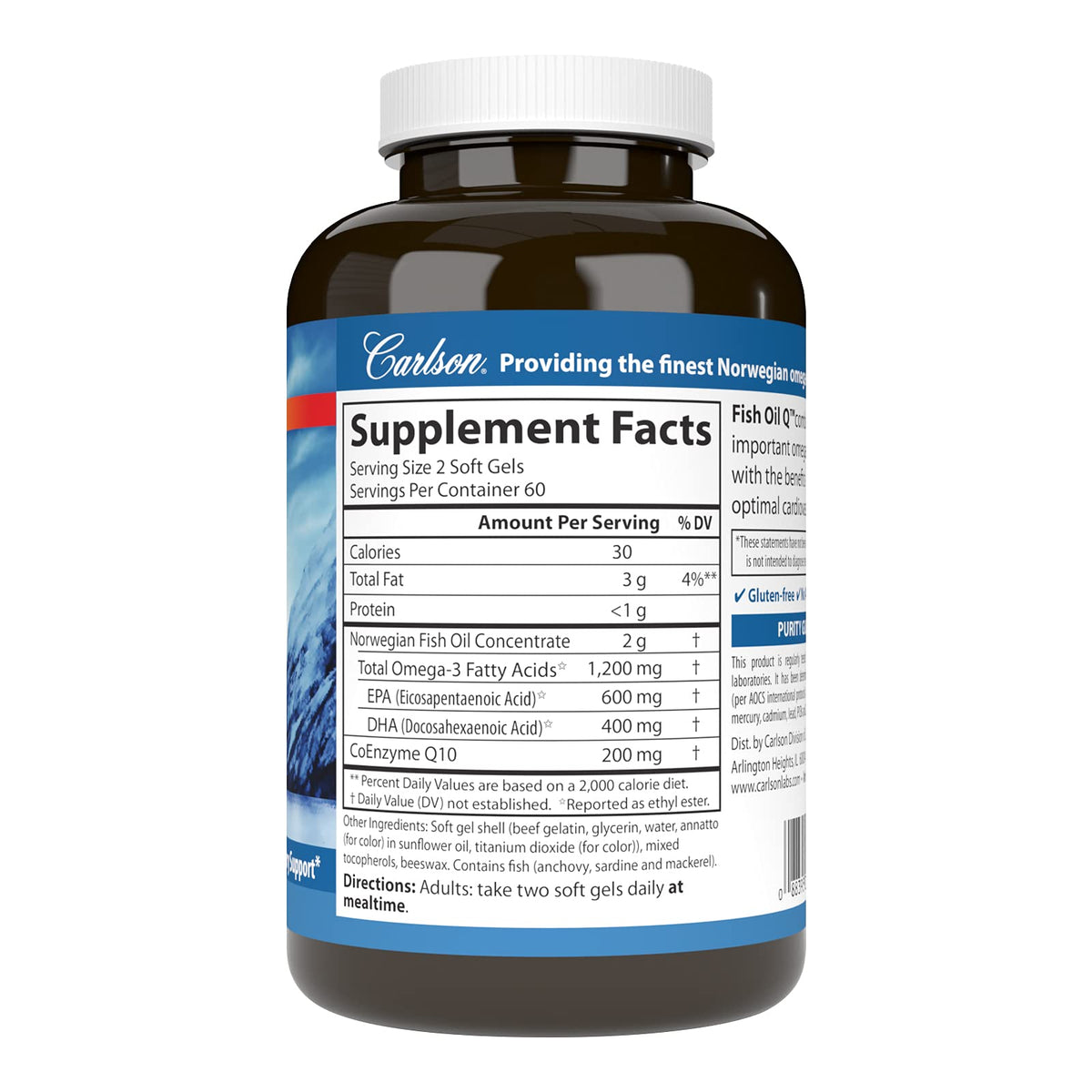 Carlson Huile de Poisson Q 1200 mg Omega-3s 200 mg CoQ10 arrière