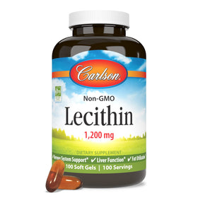 Carlson Lecithine 1200 mg gélules souples sur une table en bois