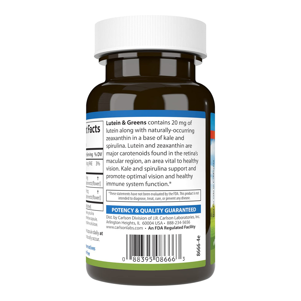 Carlson Lutein & Greens 20 mg capsules végétariennes à côté d'un verre d'eau