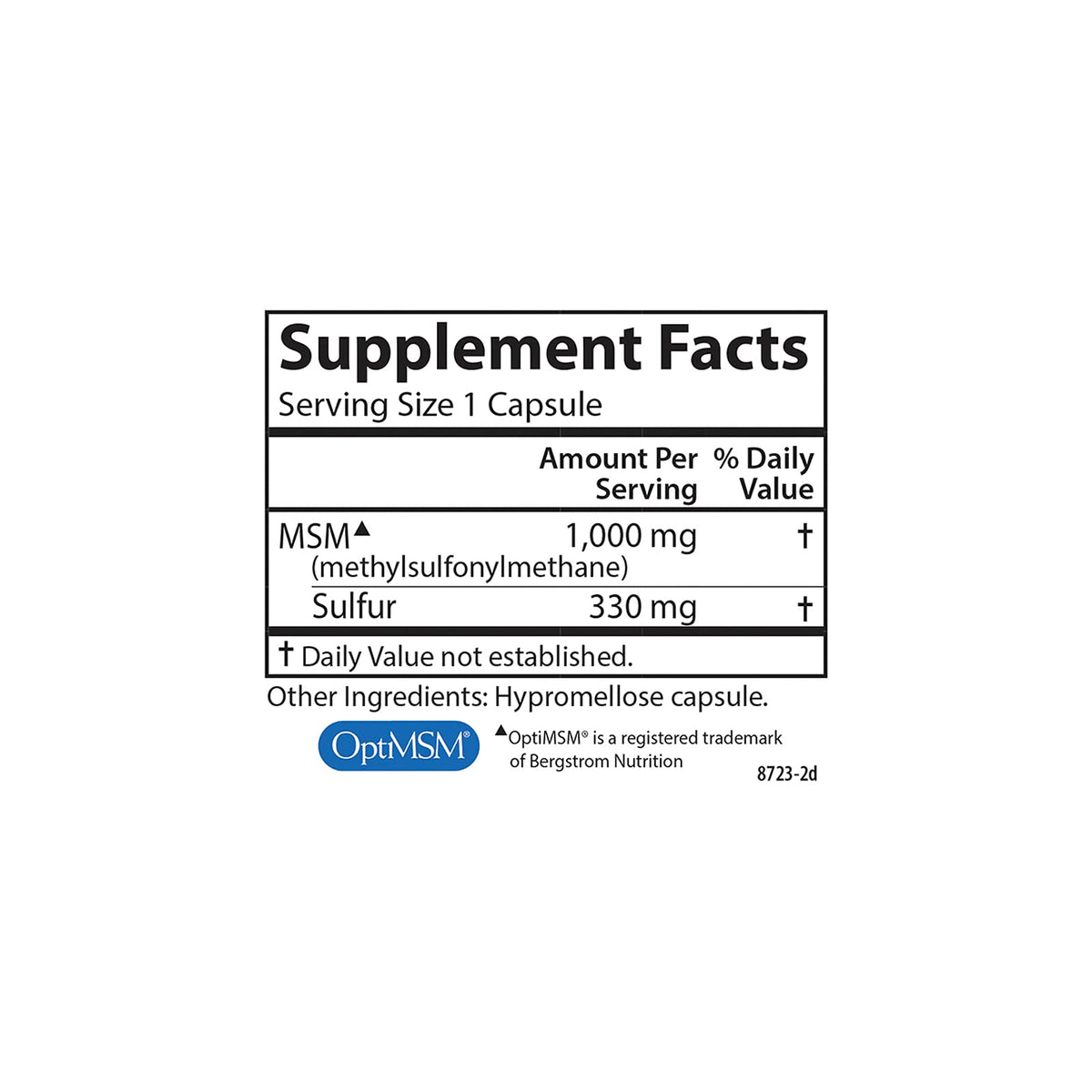 Carlson M-S-M Soufre 1000 mg, capsules individuelles sur une surface