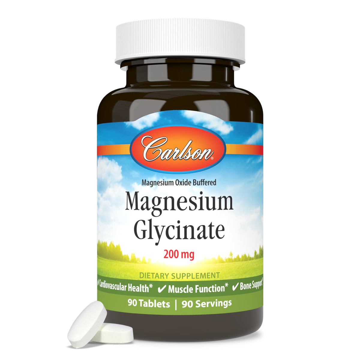 Carlson Magnésium Chélaté Glycinate 200 mg comprimés sur fond blanc