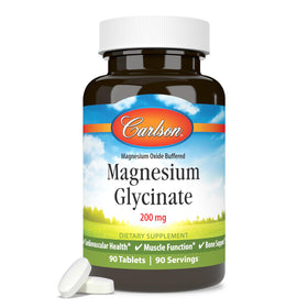 Carlson Magnésium Chélaté Glycinate 200 mg comprimés sur fond blanc
