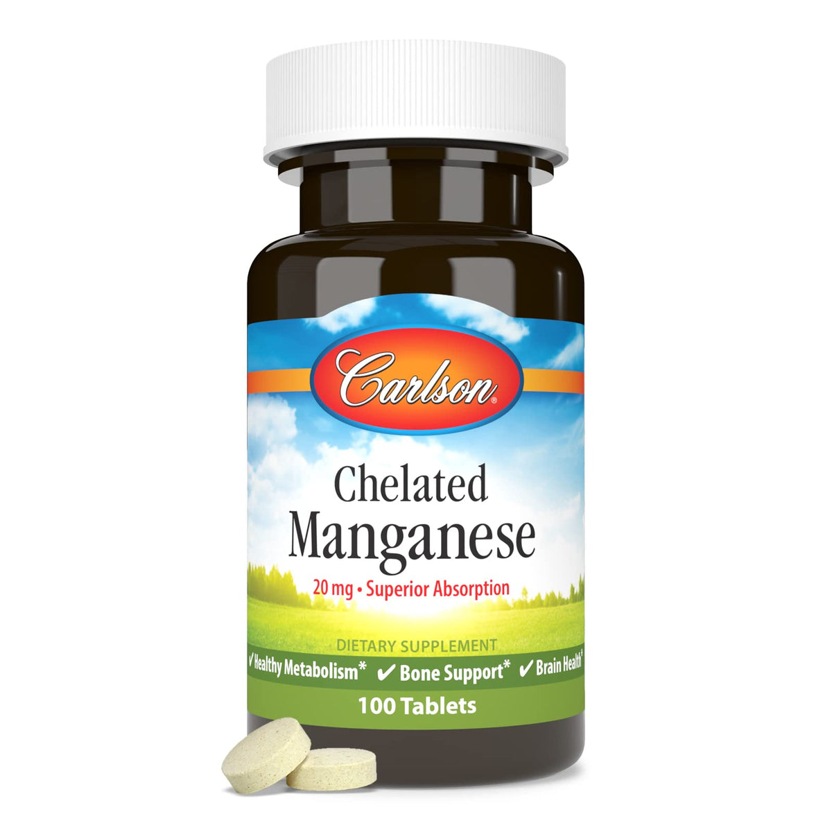 Carlson Manganèse Chélaté 20 mg, flacon ouvert avec comprimés