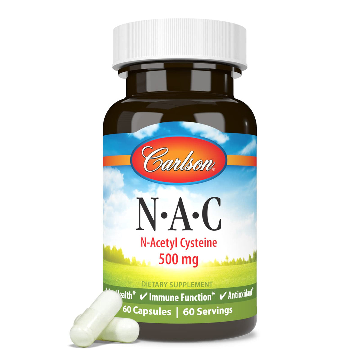 Carlson NAC N-Acétyl Cystéine 500 mg gélules végétariennes sur un fond blanc
