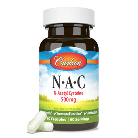 Carlson NAC N-Acétyl Cystéine 500 mg gélules végétariennes sur un fond blanc