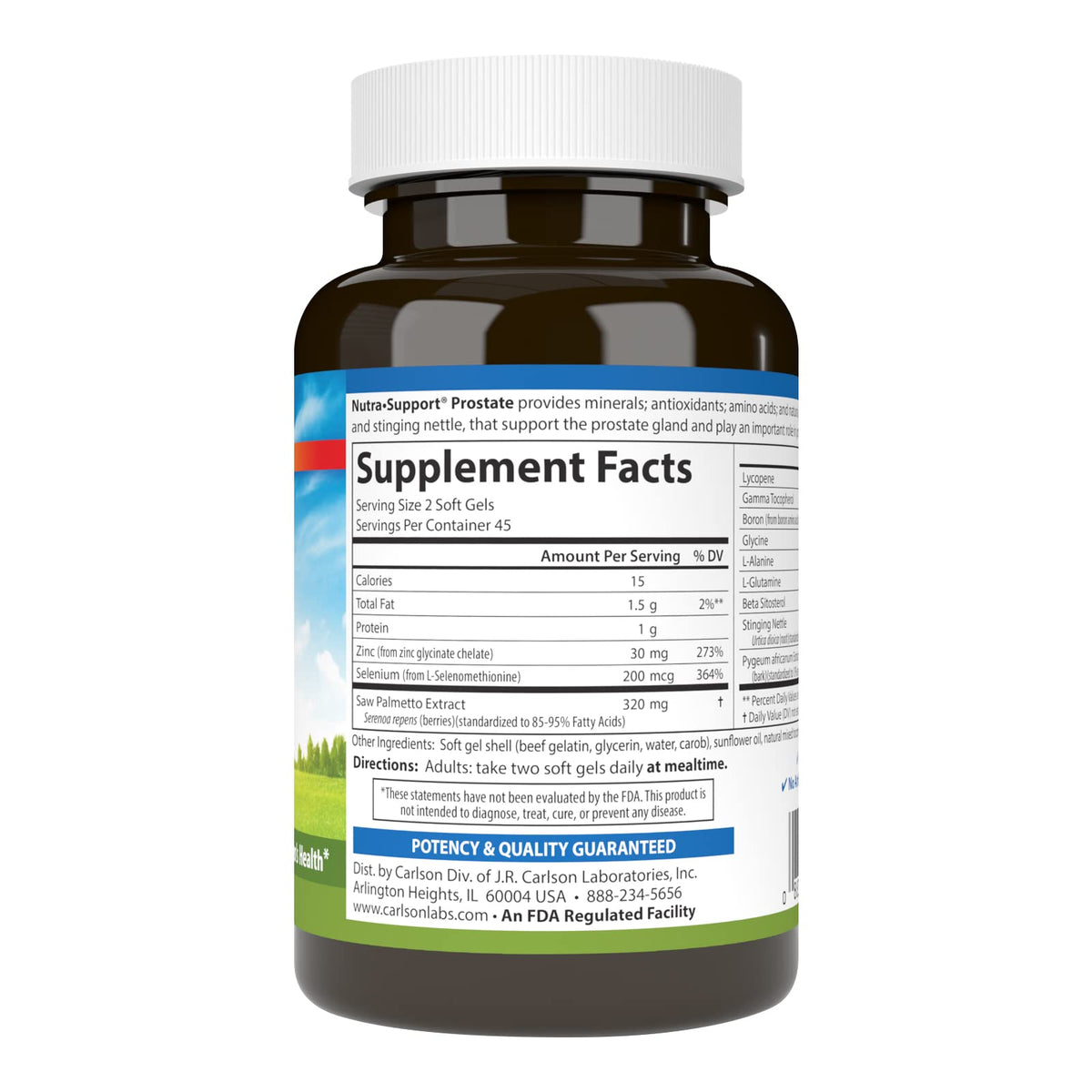 Carlson Nutra-Support Prostate avec étiquette indiquant les ingrédients