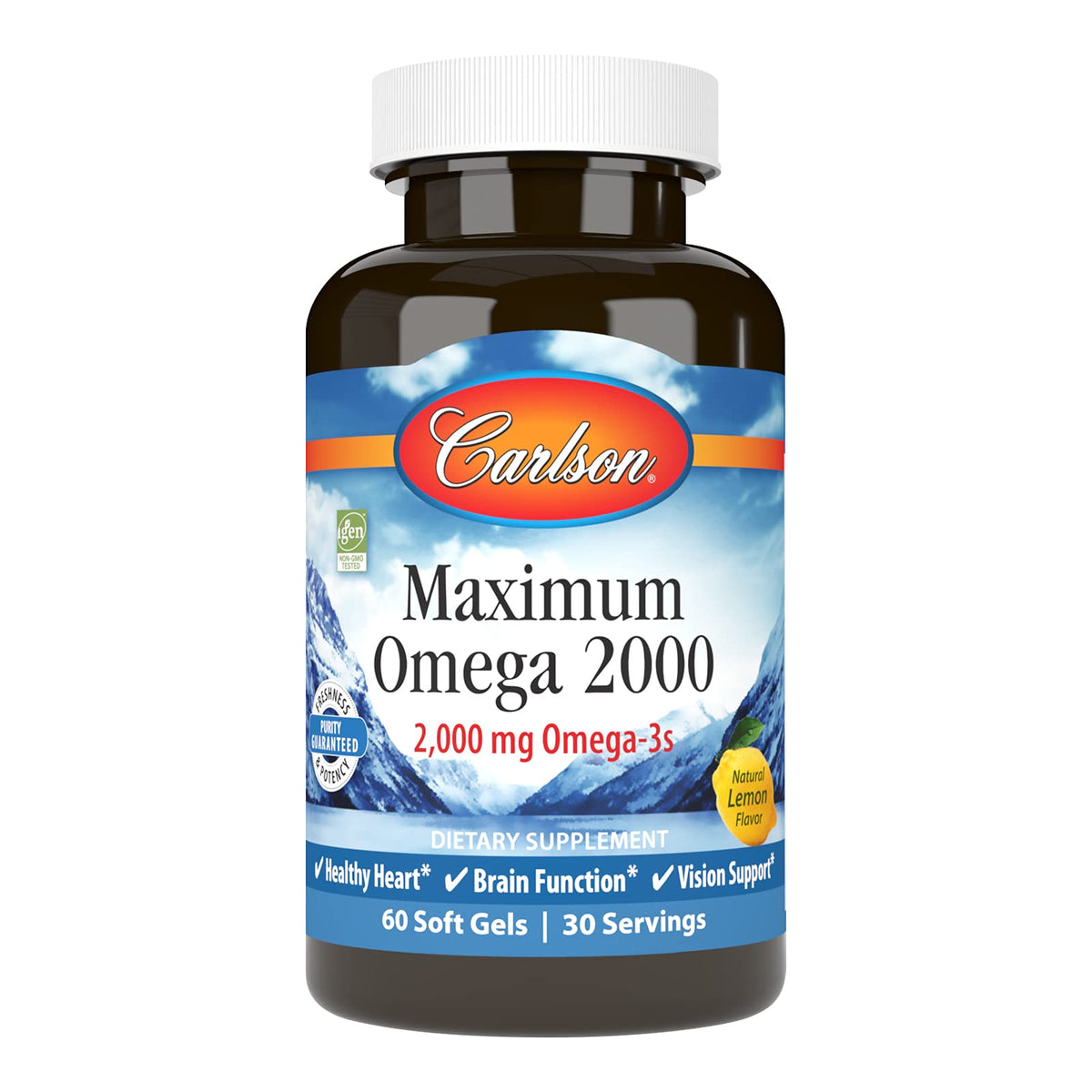 Carlson Omega-3 2000 mg capsules molles au citron, vue de face