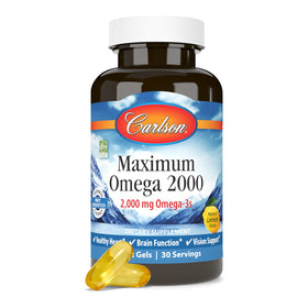 Carlson Omega-3 2000 mg capsules molles sur une table
