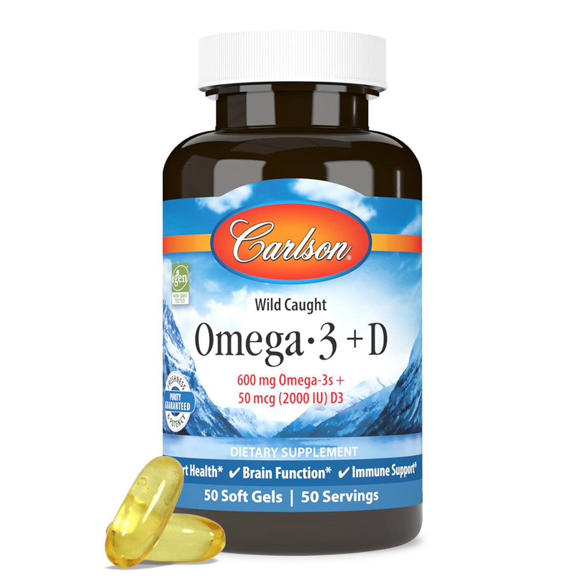 Carlson Omega-3 + D 50 gélules avec bouteille et couvercle